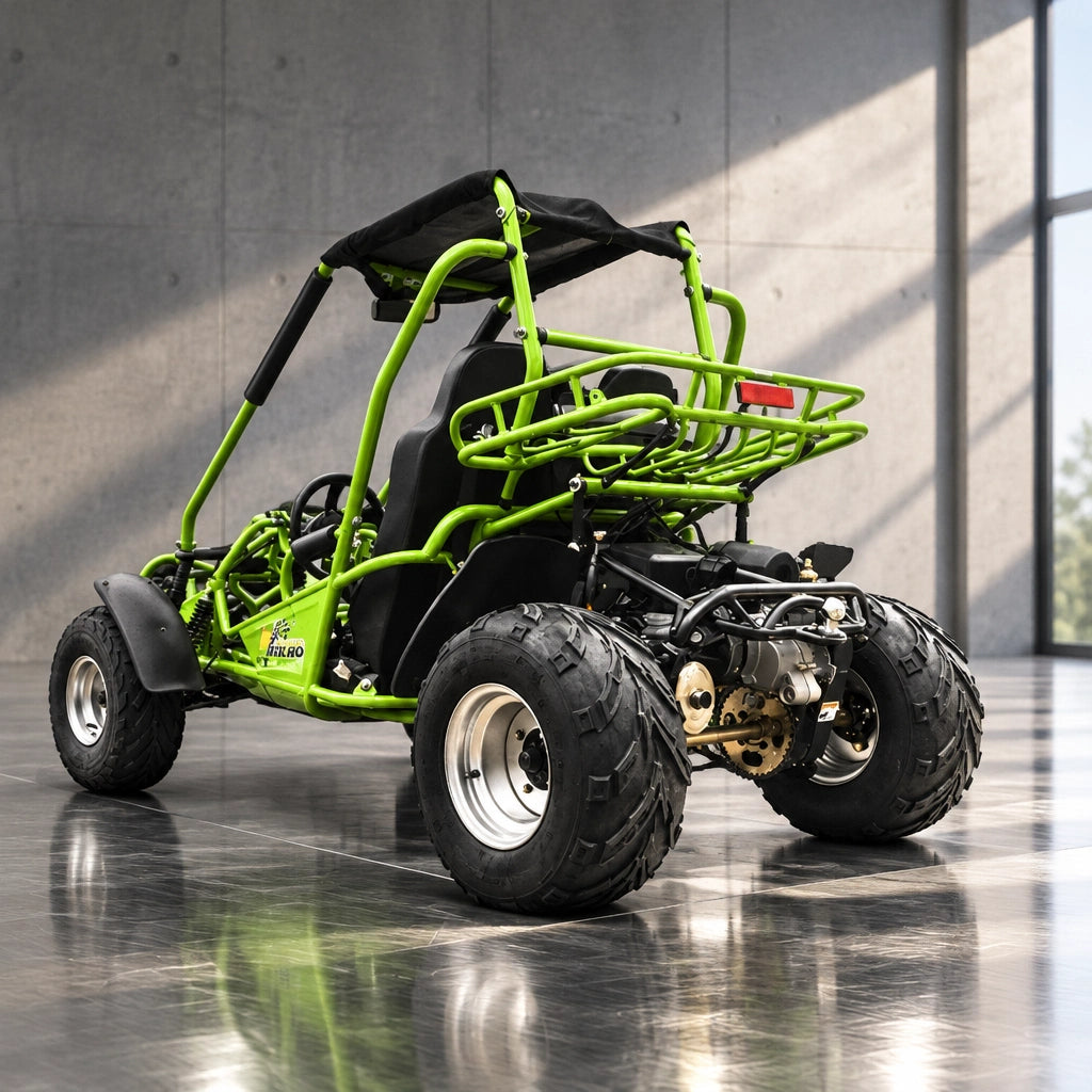 Green TrailMaster 200 XRS rear angle showing drive shaft