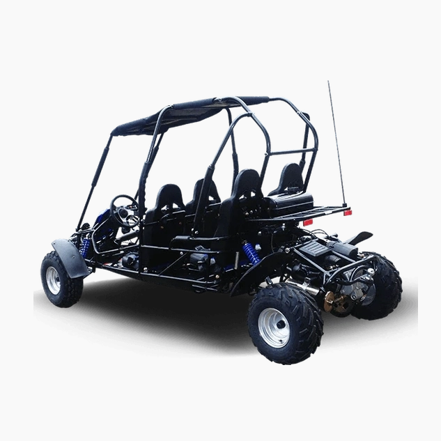 Rear view of black 4-seat go-kart with exposed axle, blue suspension springs, and cargo box
