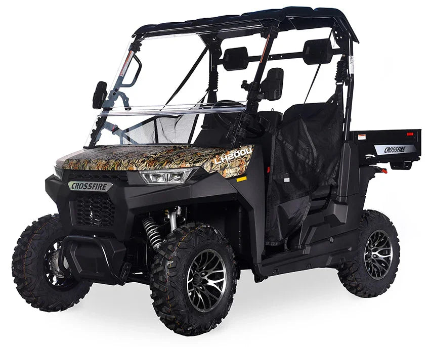 Four-wheeled Crossfire utility UTV with camo hood, off-road tires, and cargo bed