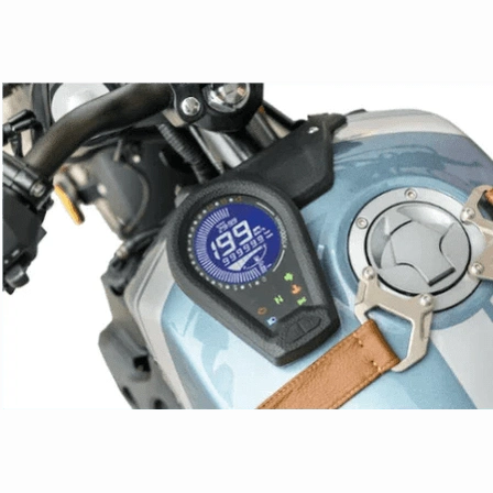 Blue digital dashboard speedometer on Lifan KPM200 fuel tank