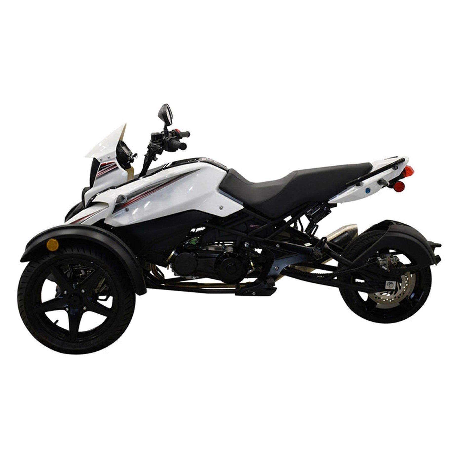 White Cougar SX200 trike side shot with red accent stripes and five-spoke wheels