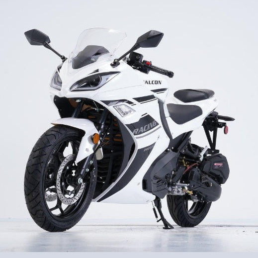 White and black Vitacci Falcon 200cc motorcycle front three-quarter view with windscreen