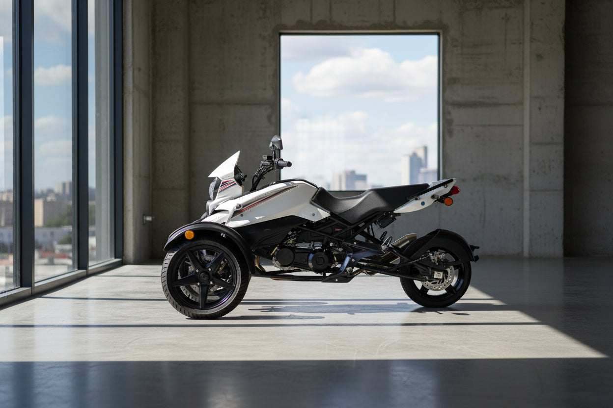 White Cougar SX200 trike side shot with red accent stripes and five-spoke wheels