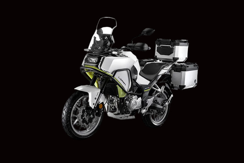 A white American Lifan KPT 400cc motorcycle. showcasing its adventure bike design with yellow and black accents.