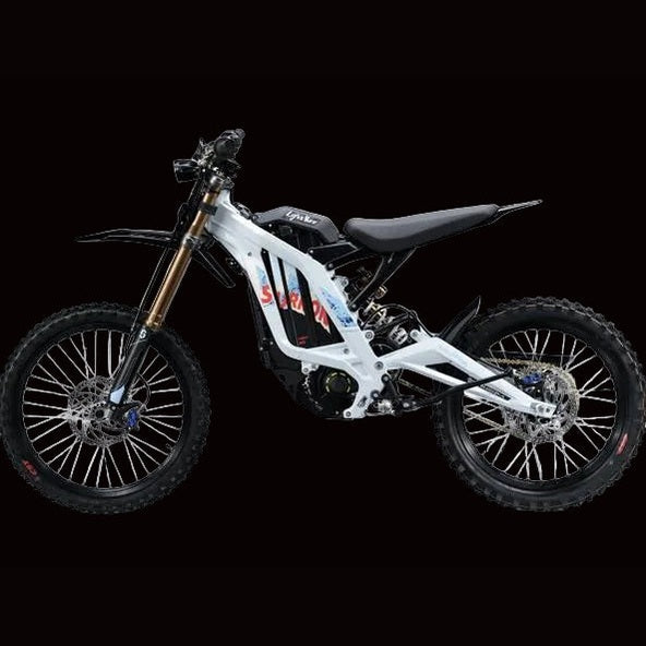 White Sur-Ron Light Bee LBX electric dirt bike with gold forks and knobby tires