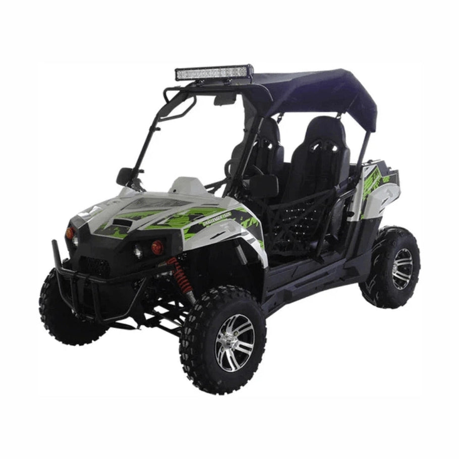 UTV front three-quarter view displaying LED light bar, brush guard, white panels, and orange turn signals