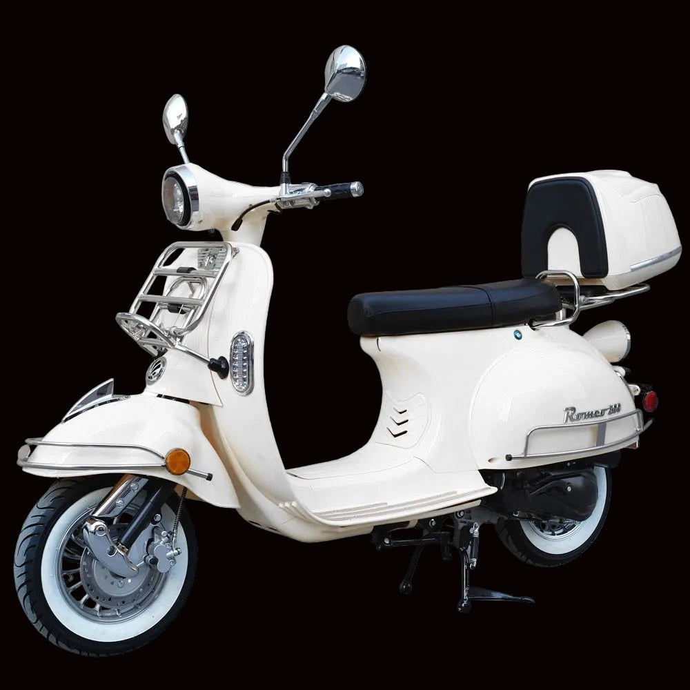 A white 50cc Romeo gas scooter with black seat and rear view mirrors, visible front wheel, and branding on the side.