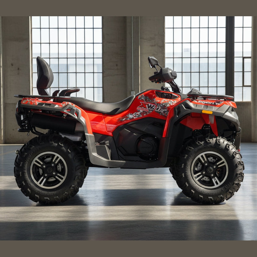 Right side of red Loncin XWolf 550L Utility ATV showing silver crash bars, dual seating, and knobby tires