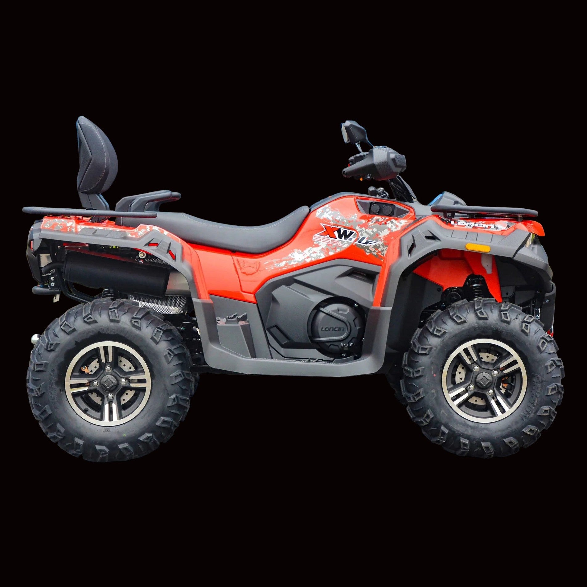 Orange and grey Loncin XWolf 550L ATV side profile with silver accents and LONCIN branding