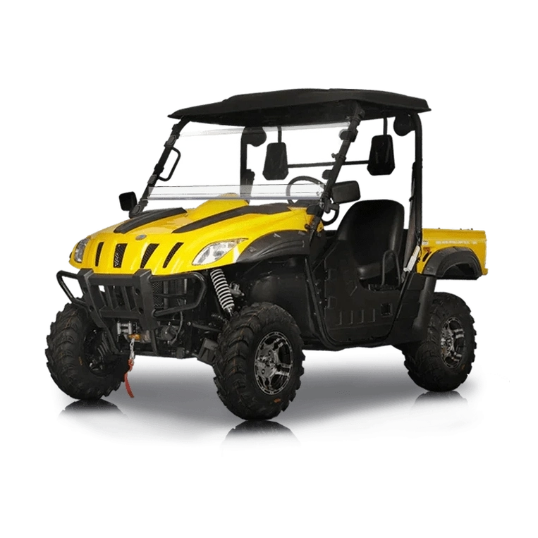 Yellow BMS Ranch Pony 600 EFI 4x4 UTV with racing stripes