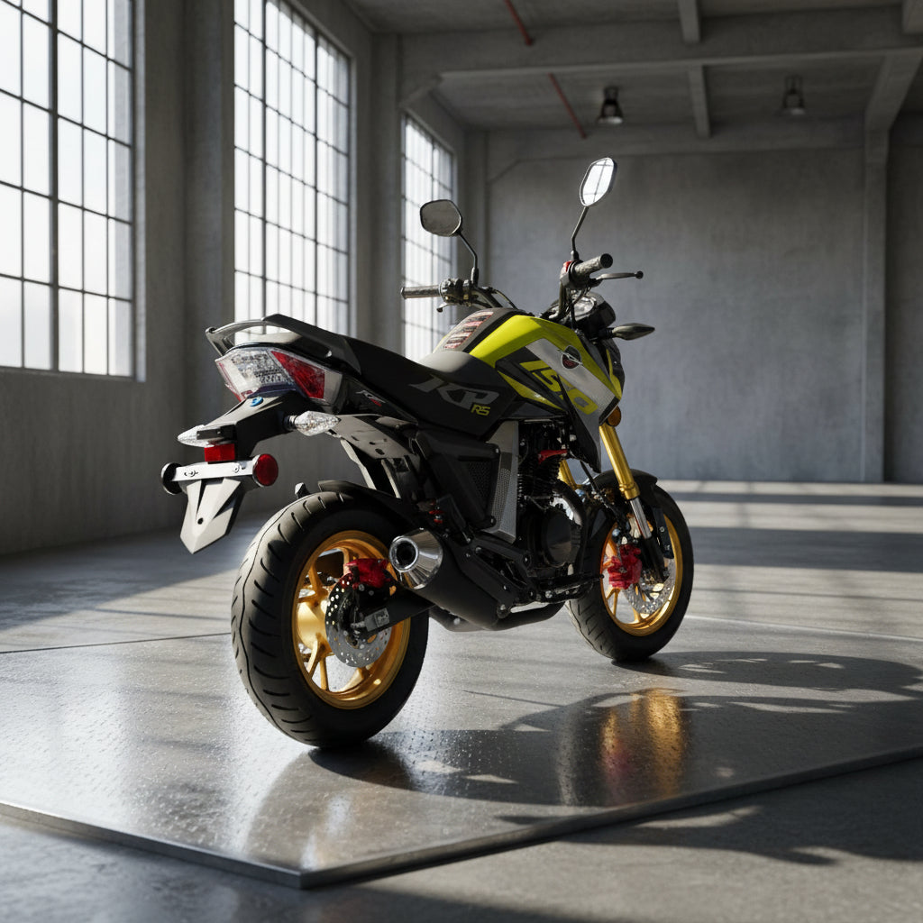 Right side rear view of yellow Lifan KP Mini 150cc motorcycle showing tail section and gold wheel rim