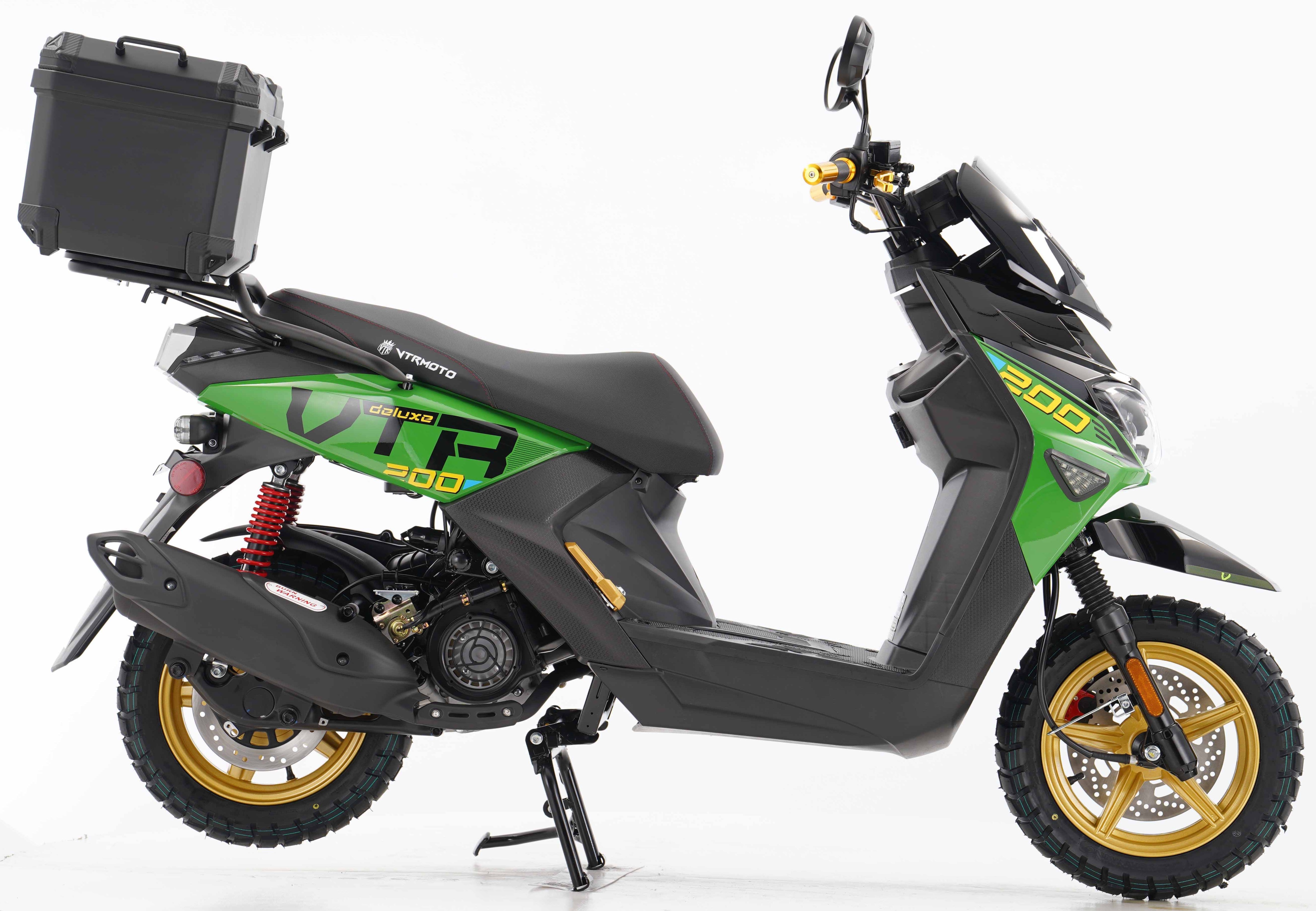 Green and black 200cc VTR scooter with hard-top cargo box and gold wheels