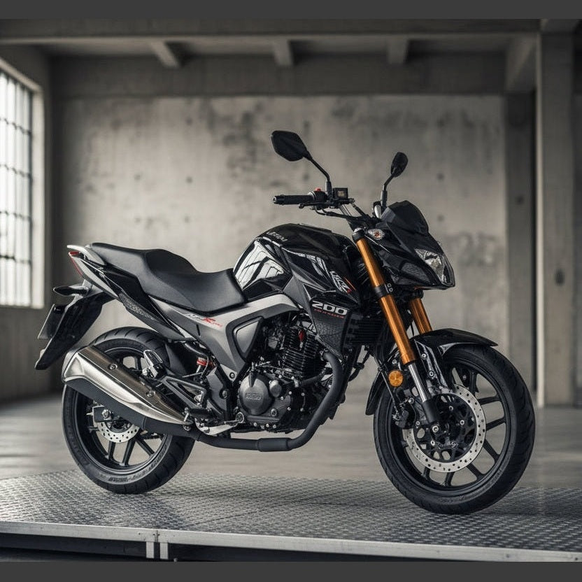 Black American Lifan KPR 200 motorcycle with orange forks studio shot