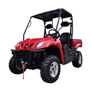 Red Linhai T-BOSS 410X EFI 4x4 UTV featuring winch mount and knobby tires