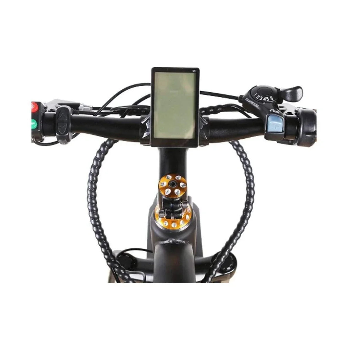 NAKTO 500W e-bike handlebar with LED display, Shimano 6-speed shifter, and ergonomic controls