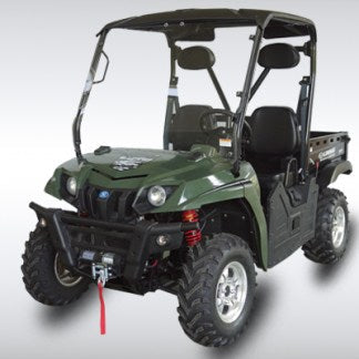 Olive green Linhai 410 EFI 4x4 side by side with coil springs and off-road tires
