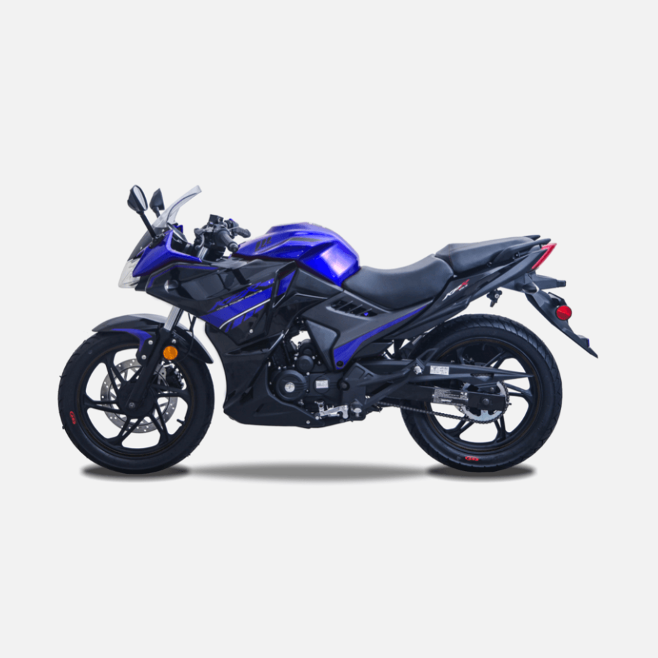 Royal blue and black Lifan KPR 200 side profile variant
