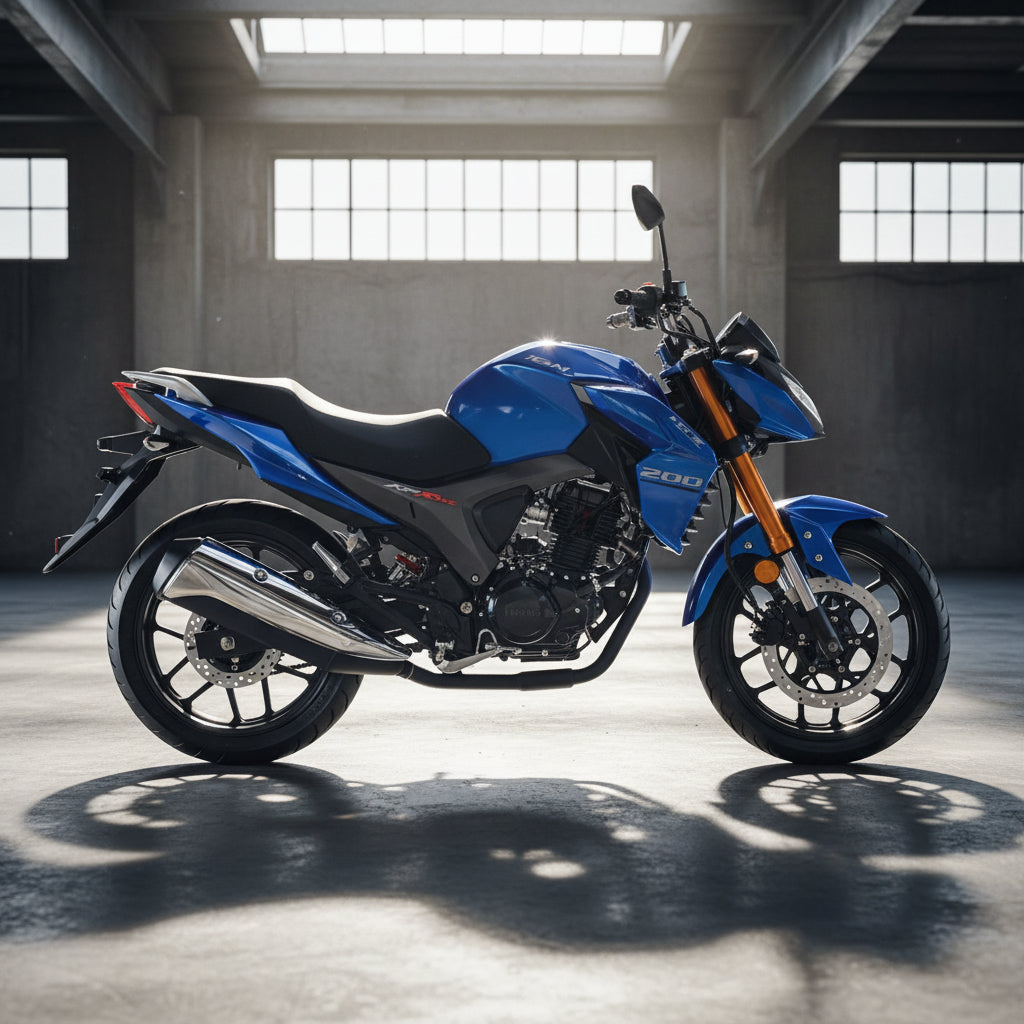 Blue and black Lifan KPR 200 motorcycle with gold forks studio shot