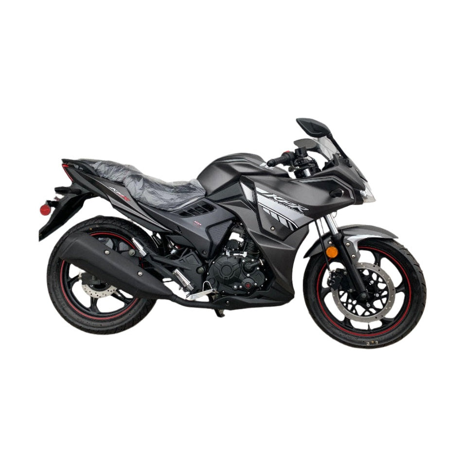Black American Lifan KPR 200 motorcycle side profile with red wheel accents