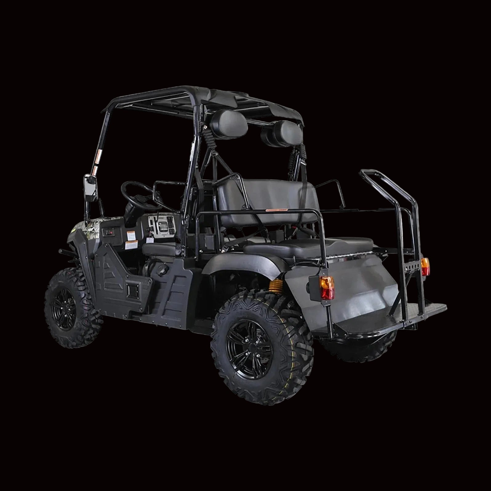 Black Linhai T-BOSS 410X EFI 4x4 UTV with steel wheels and flat cargo bed