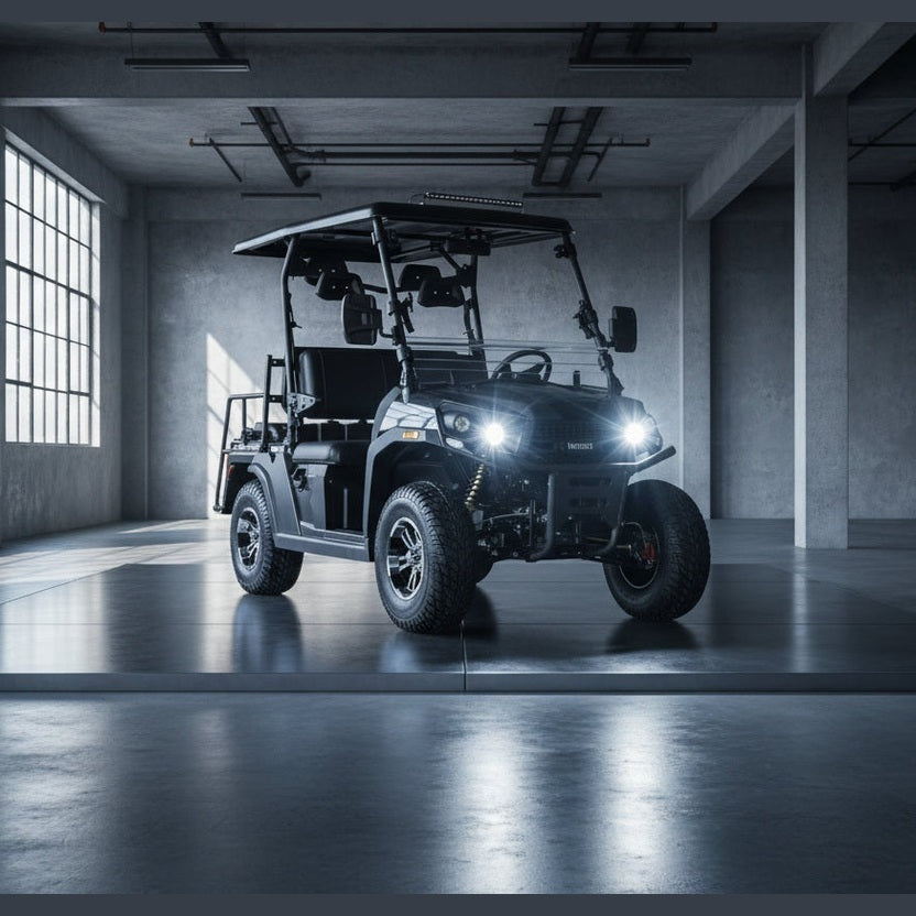 Black ROVER EFI UTV front view with Vitacci badge, yellow shocks, red brake calipers, and LED bar