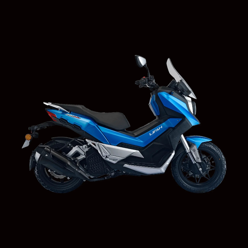 Blue Lifan KPV 150 ADV scooter side profile with tall windscreen