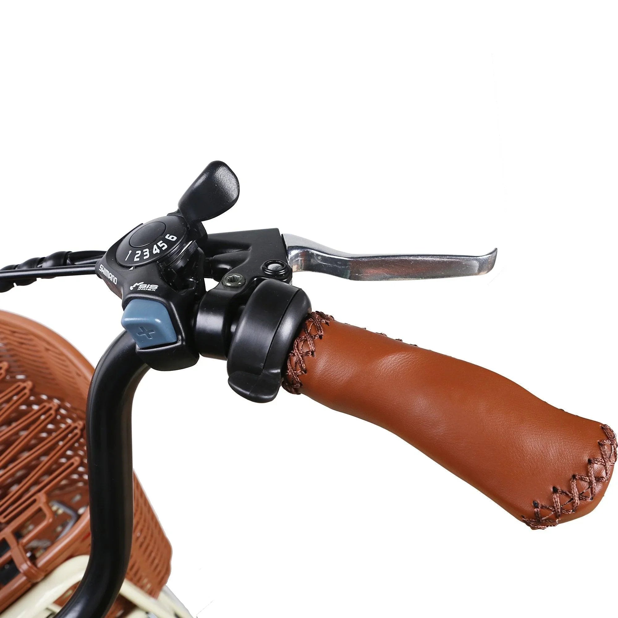 Brown stitched handlebar grips with 6-speed shifter and brake lever