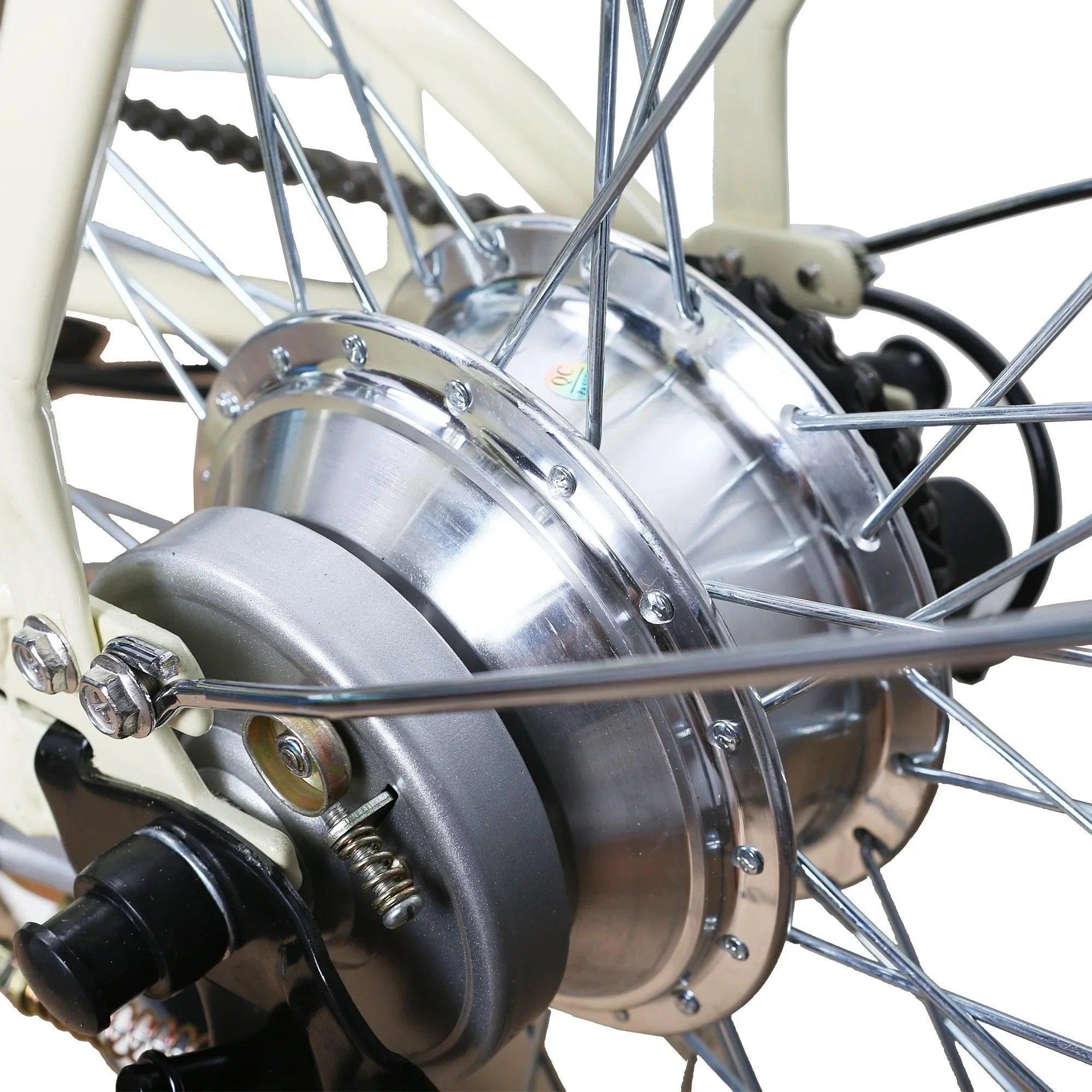 Cream e-bike rear hub motor with gear cassette close-up