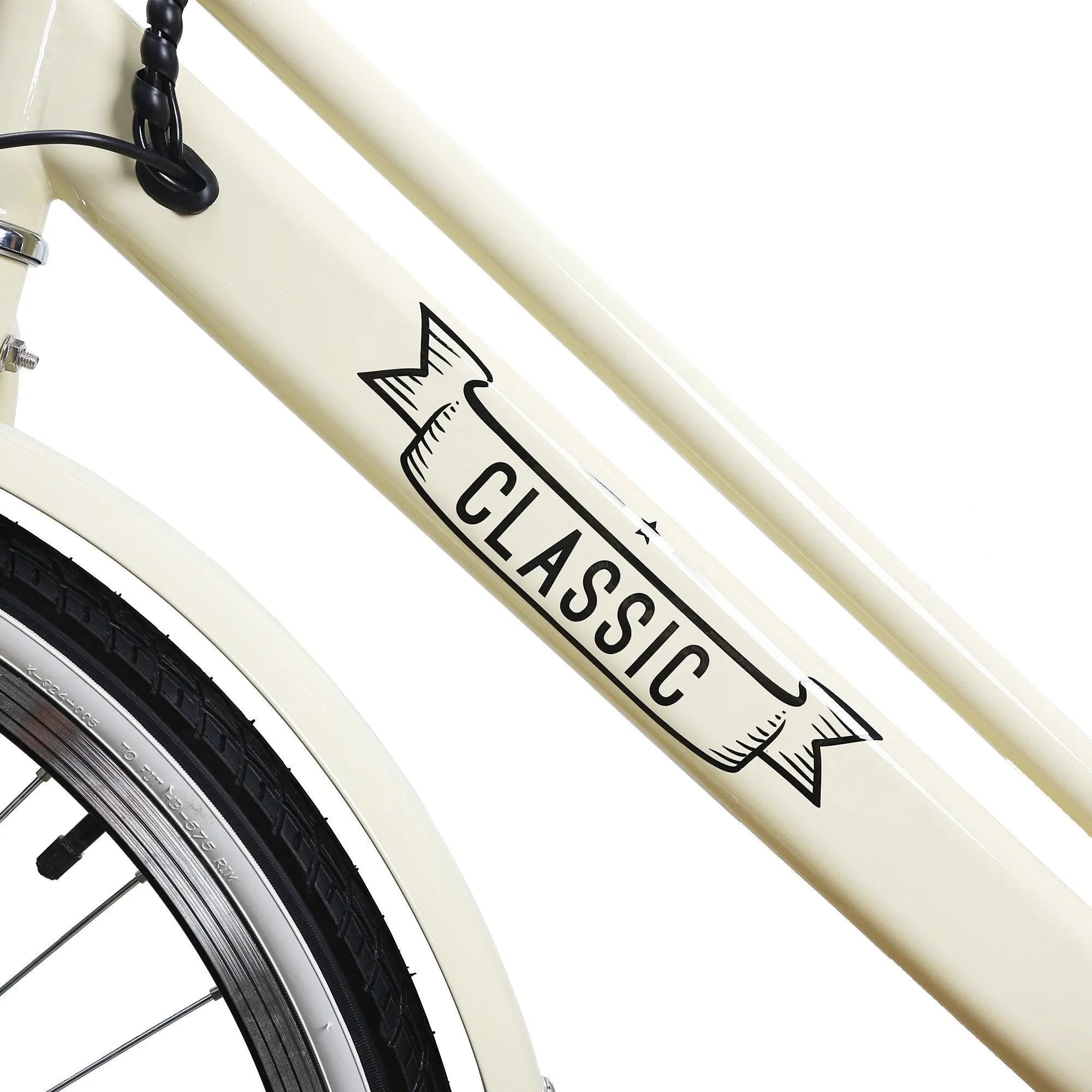 Cream bicycle down tube with CLASSIC ribbon decal graphic