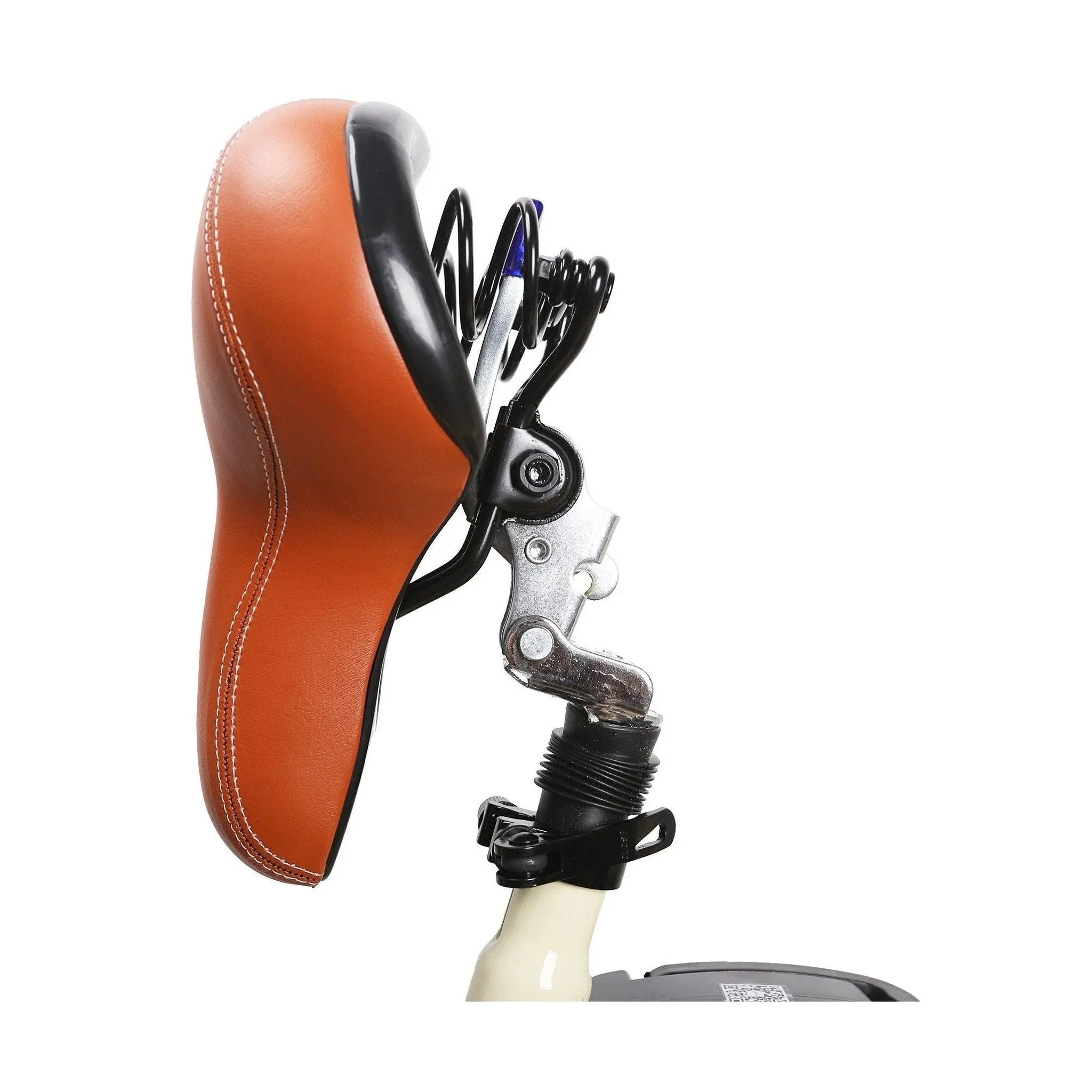 Brown leather saddle with white stitching and spring suspension