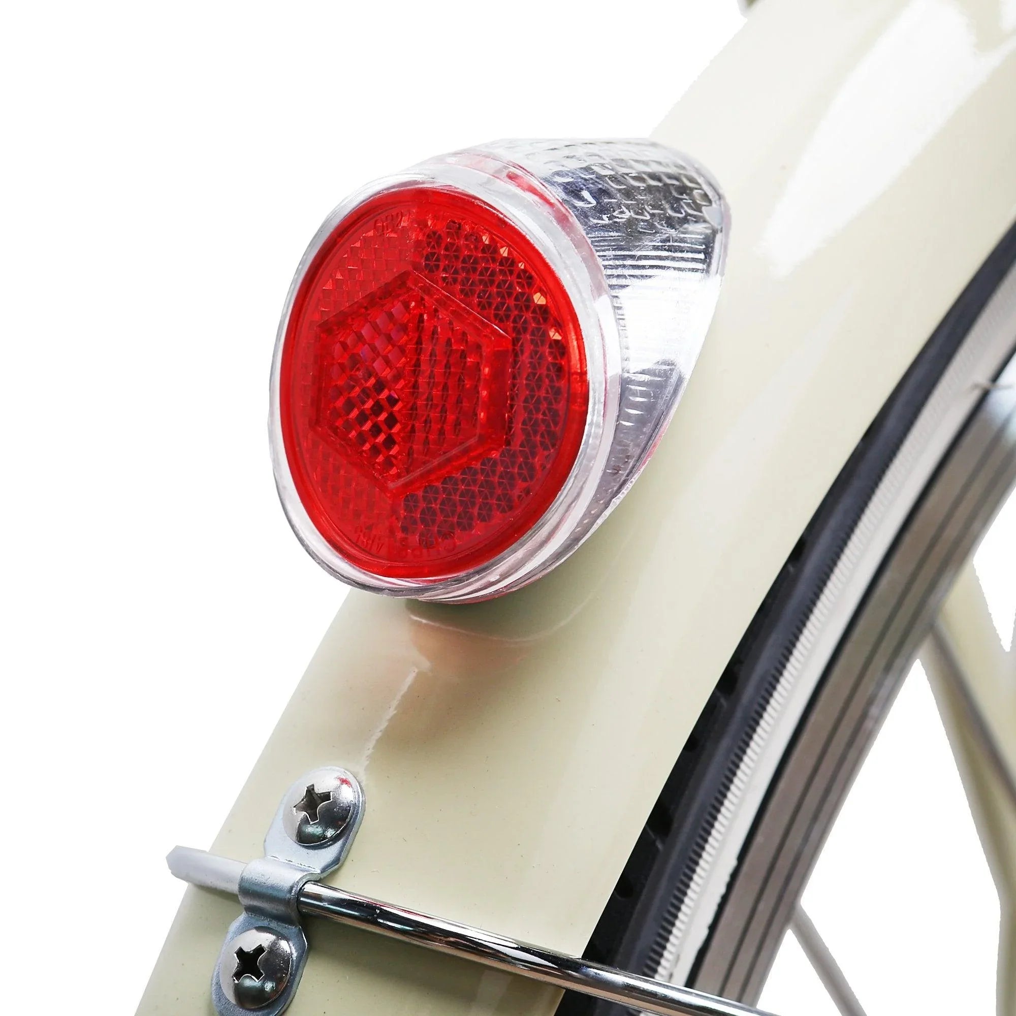 Red hexagonal rear reflector mounted on cream fender