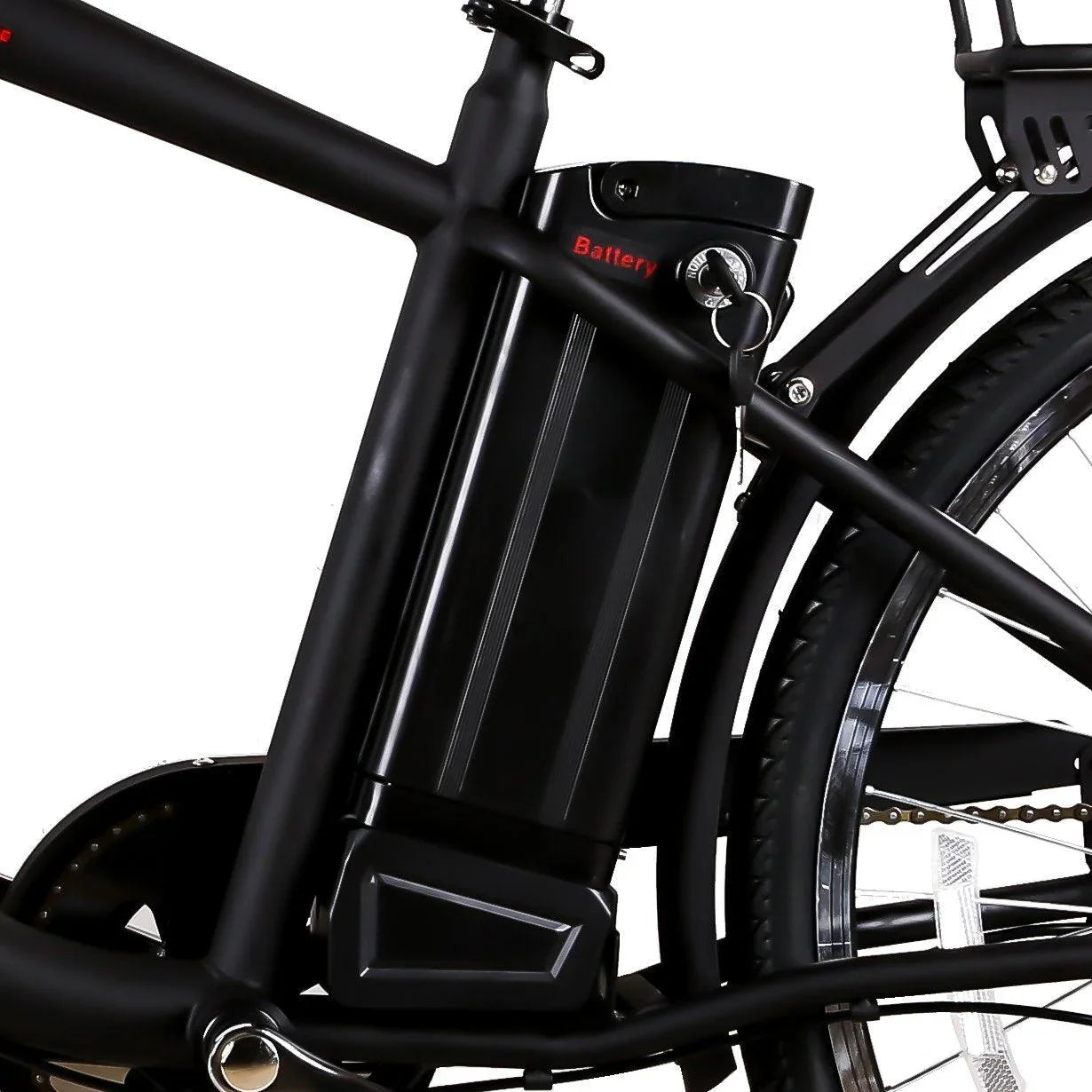 Close-up of removable lithium battery pack on black electric bike frame