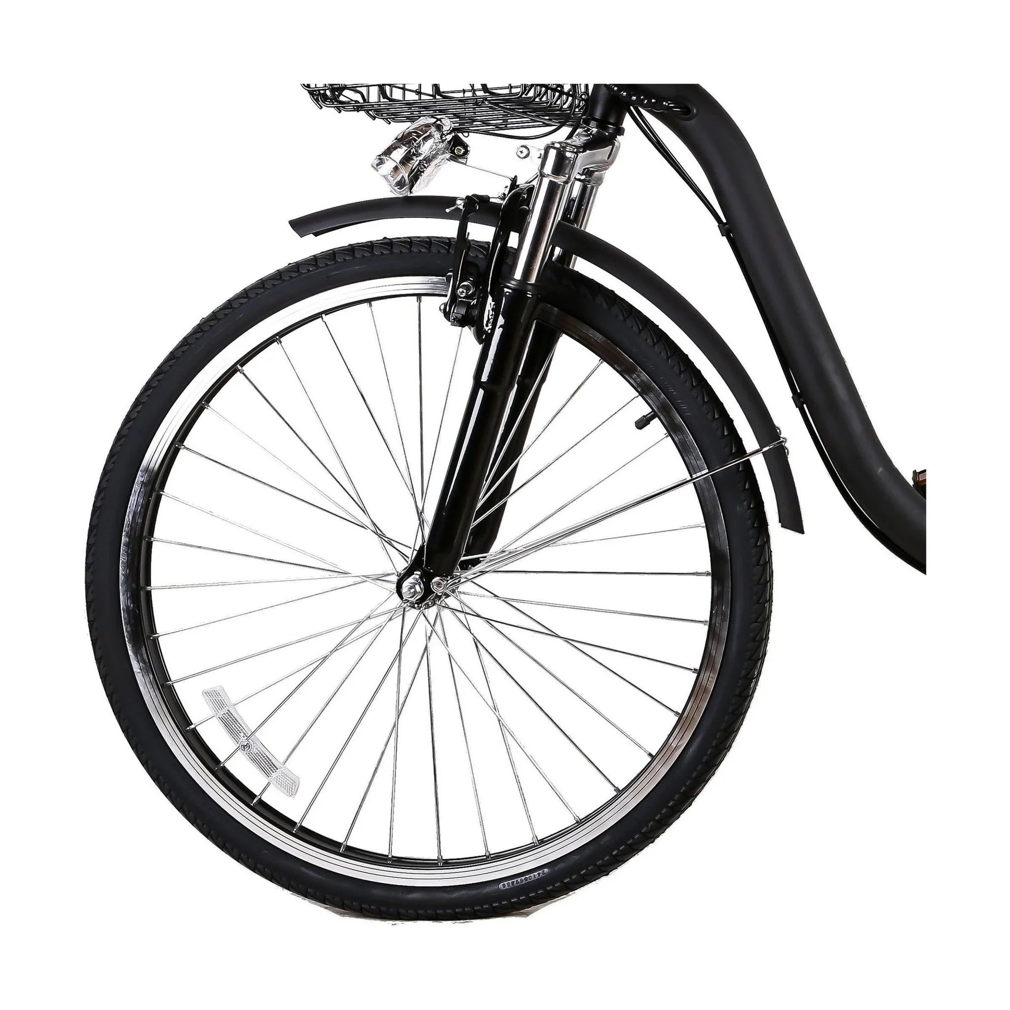 Front view of black e-bike with fender, headlight, and wire mesh basket