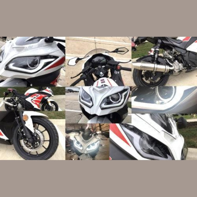 Collage of white motorcycle with red accents showing LED headlights and sporty design