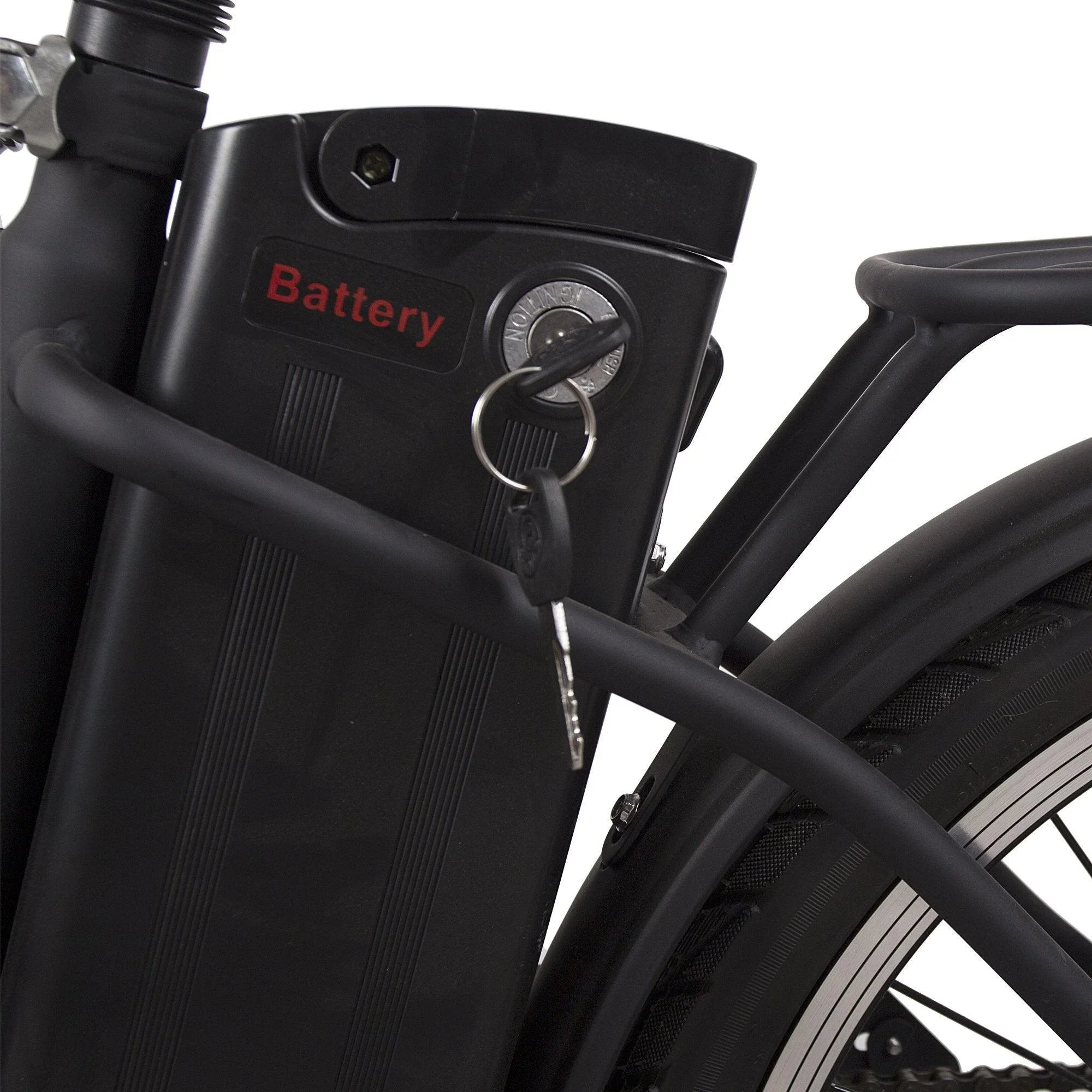 Close-up of removable black battery pack with key lock on downtube