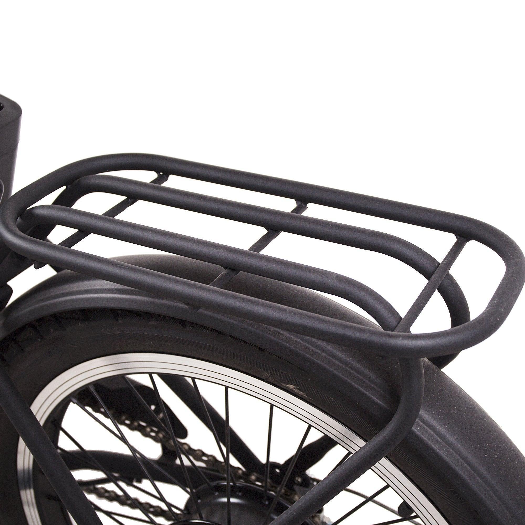 Black tubular rear cargo rack mounted over fender