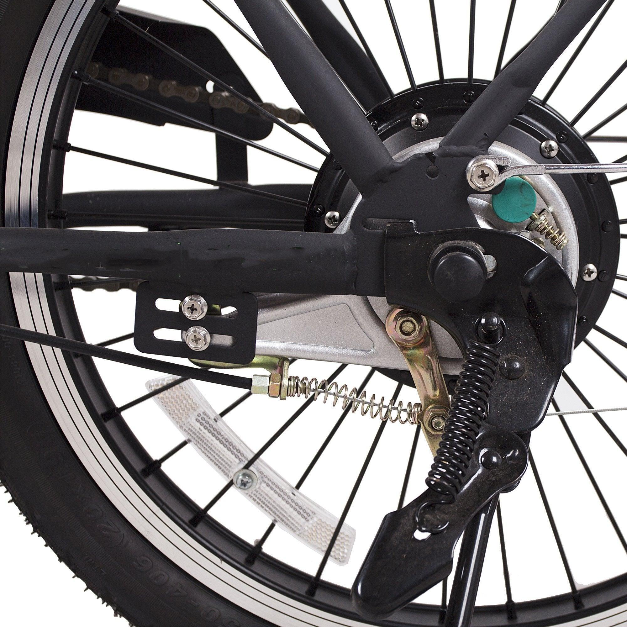 Rear wheel hub brake assembly with white reflective strip