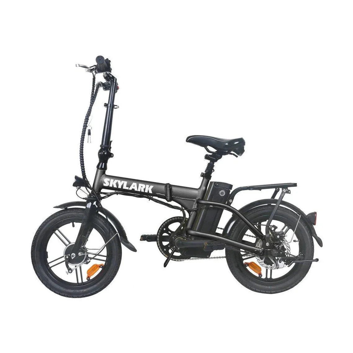 Matte black NAKTO Skylark folding electric bike with disc brakes and orange reflectors