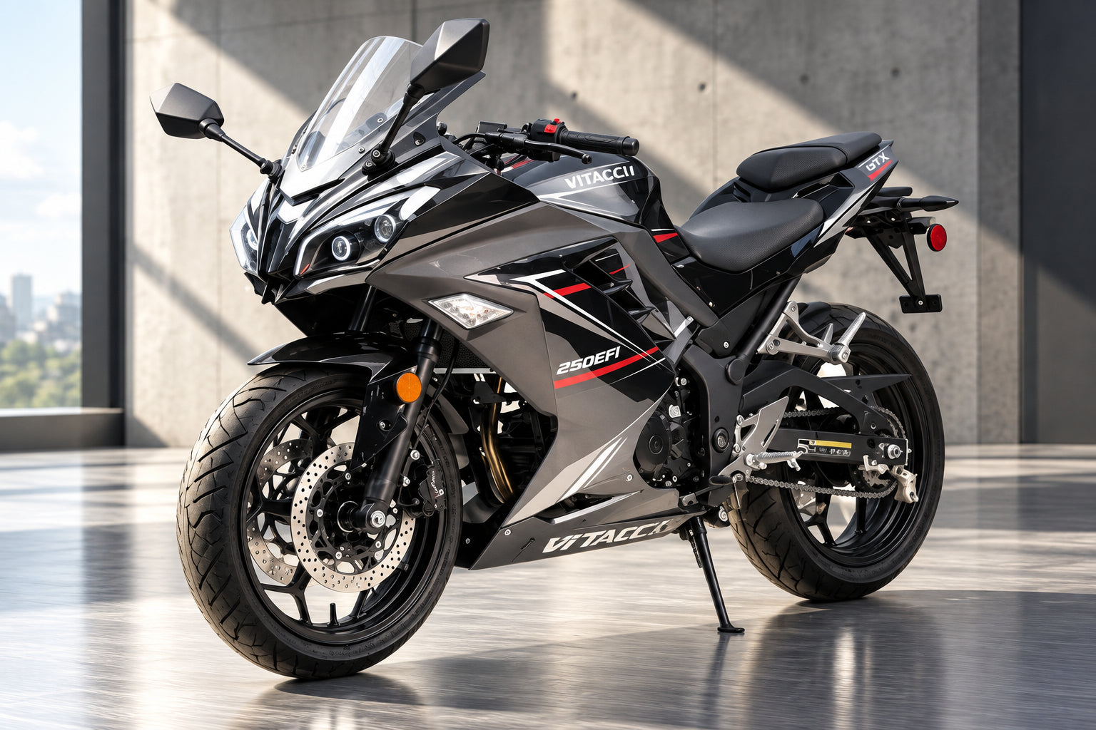 Black and gray Vitacci GTX 250 EFI sport bike with red graphics and dual headlights