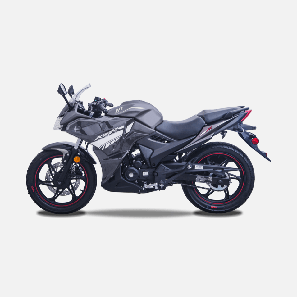 Matte gray and black Lifan KPR 200 side profile with white graphics