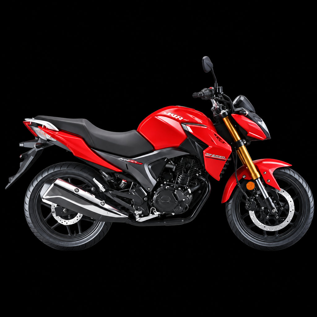 Red Lifan KPR 200 side profile against a black background showing decals