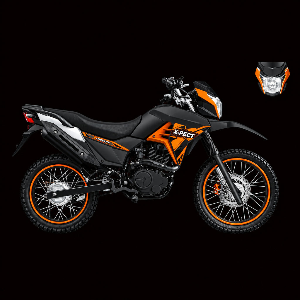 Black and orange Lifan X-PECT 200cc dual sport motorcycle side profile
