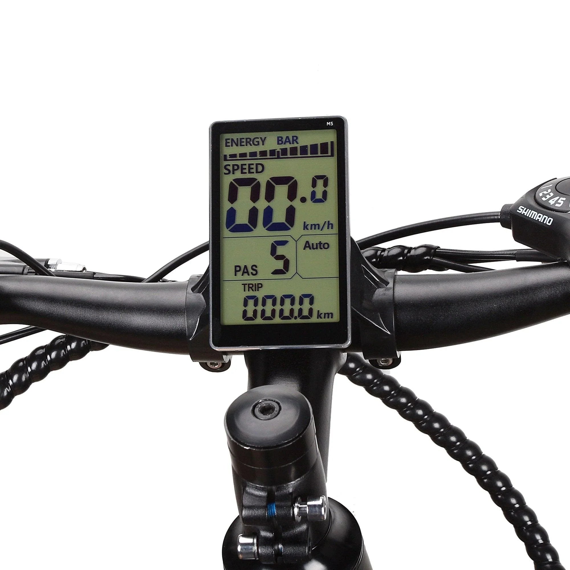 Nakto Ranger e-bike digital display showing speed battery and PAS levels on handlebars