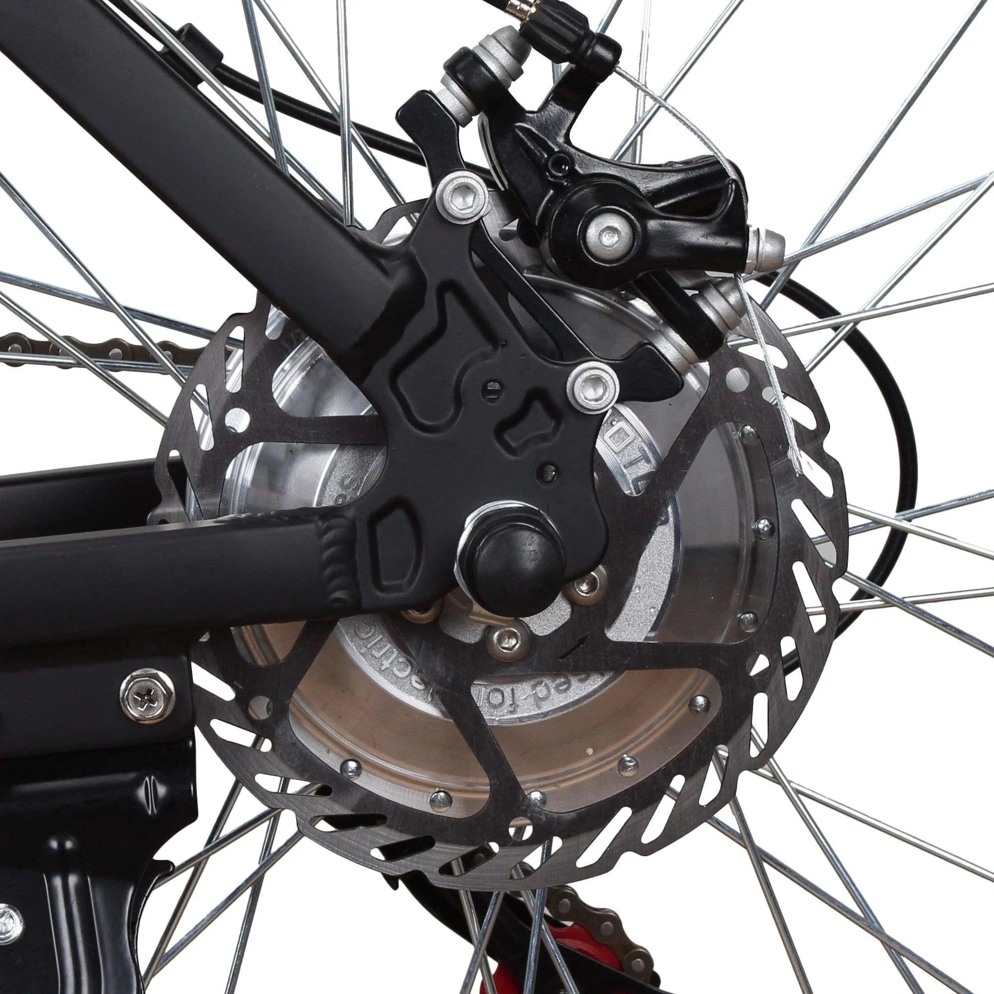 Close-up of rear disc brake caliper and rotor on black Nakto Ranger electric bicycle frame