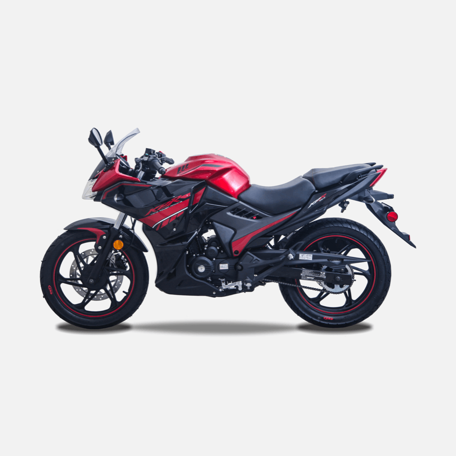 Red and black Lifan KPR 200 side profile against gray background