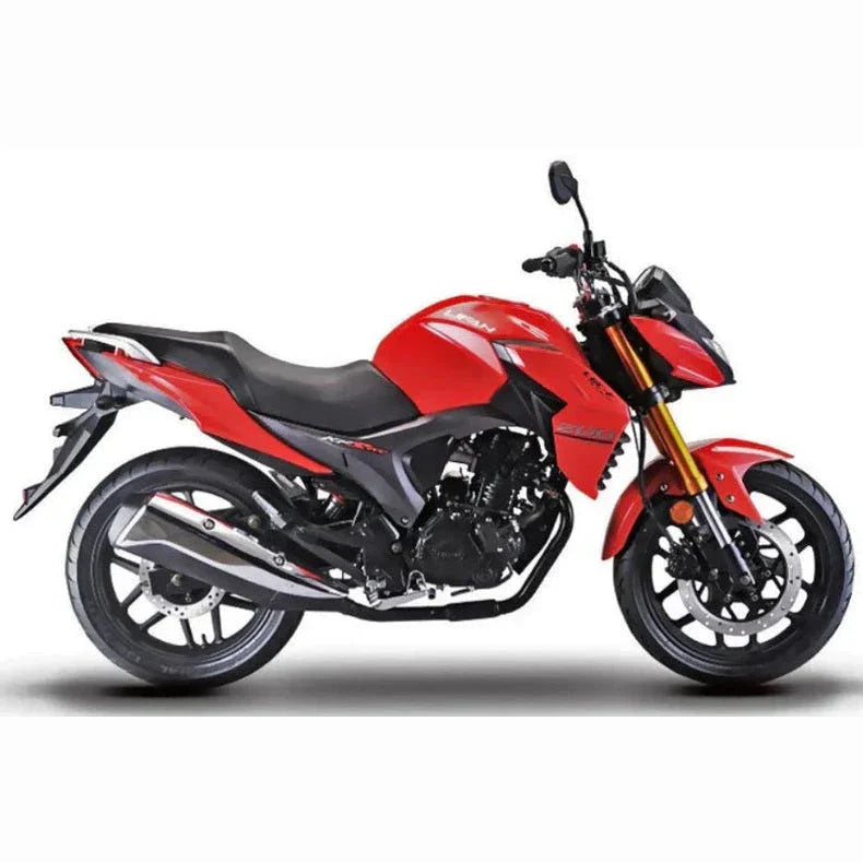 Red Lifan KPR 200 side profile against white background showing decals