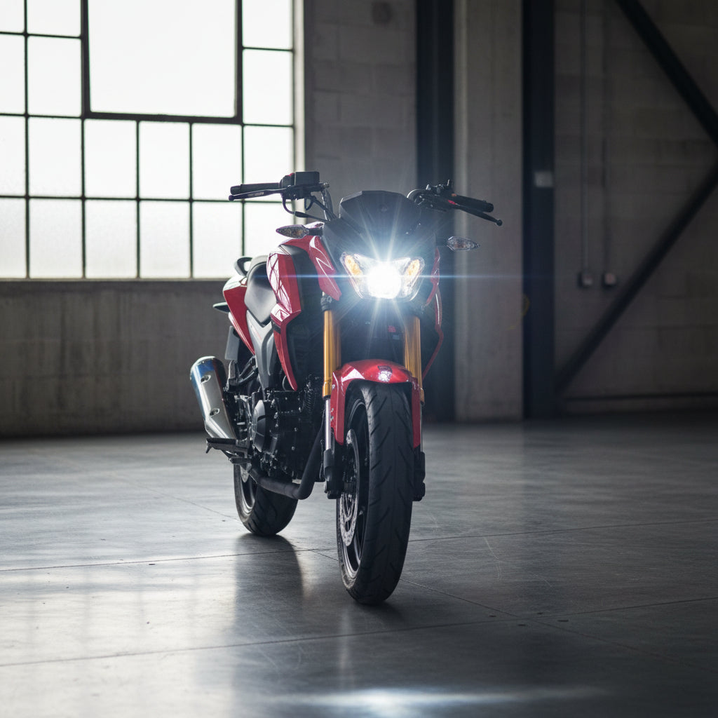 Red Lifan KPR 200 front three-quarter angle with round headlight