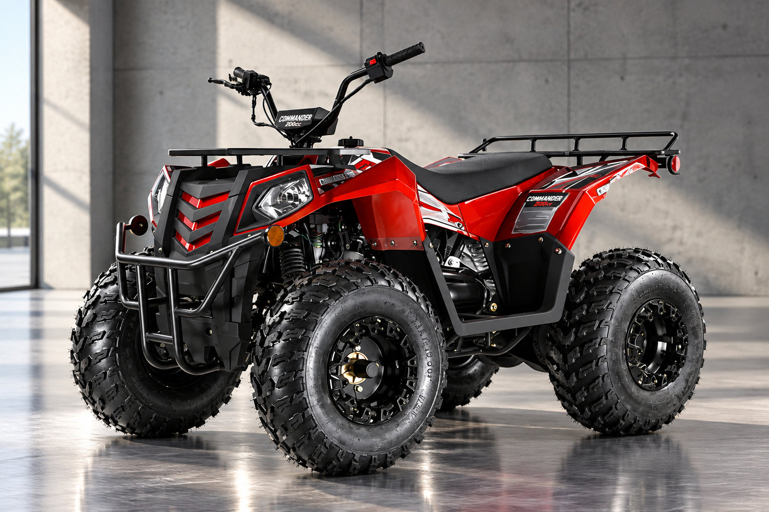 Red and black Commander 200cc 4 wheel ATV with cargo rack
