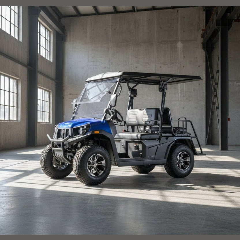 Blue and black ROVER EFI 300 UTV 4-seat utility vehicle side view with cargo rack
