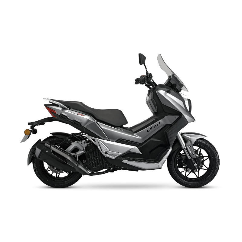 Silver and black Lifan KPV 150 ADV scooter side view with chrome exhaust